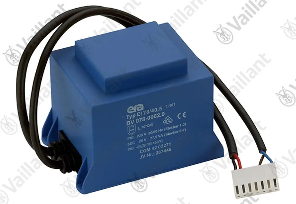 Transformator in blauer Gehäusefarbe mit zwei Anschlusskabeln. Hersteller Vaillant, geeignet für Heizungsanlagen. Modelinformationen auf der Vorderseite sichtbar.